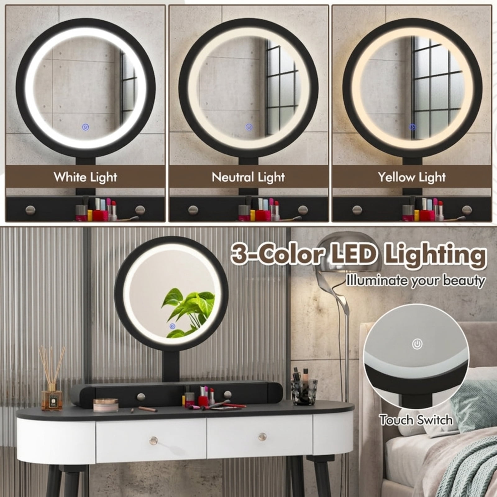 Furnibear Makeup Vanity Table Set with LED Mirror and 3 Spacious Drawers-White and Black for Bedroom Makeup Dressing Room Vanity Desk