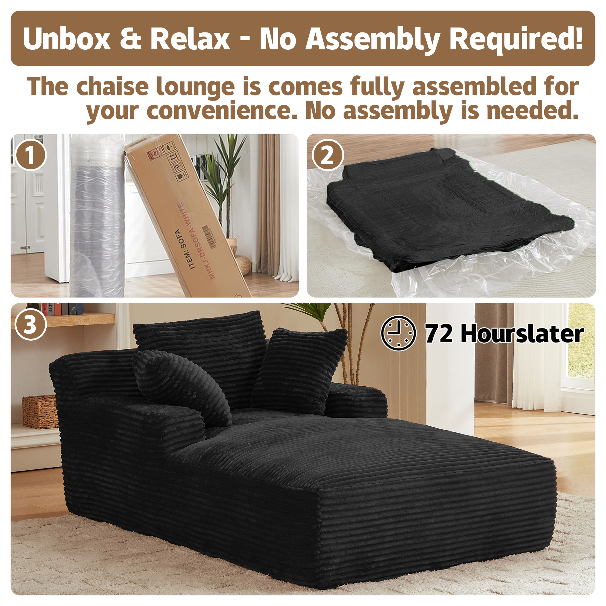 Kosynda Extra-long 79" Chaise Lounge Chair Indoor, Corduroy Upholstered Modern Sofa Couch with Pillows for Living Room, Office, No Assembly Required, Black