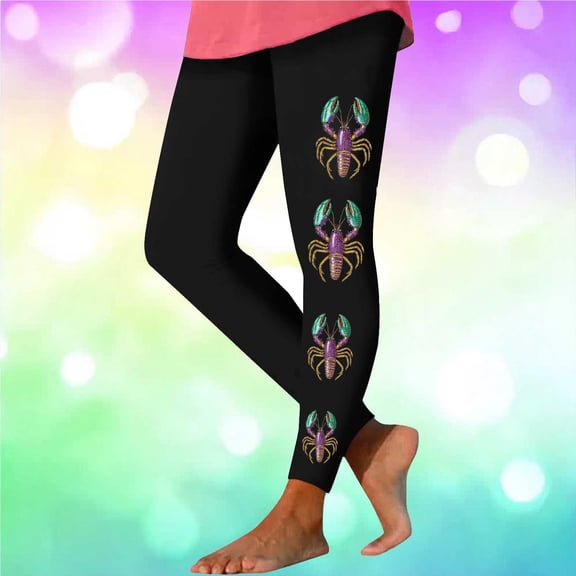 Maqroz Women's Mardi Gras Leggings Crawfish Lobster Print Funny Festival Tights Fat Tuesday Yoga Pants Novelty Outfit Black,S