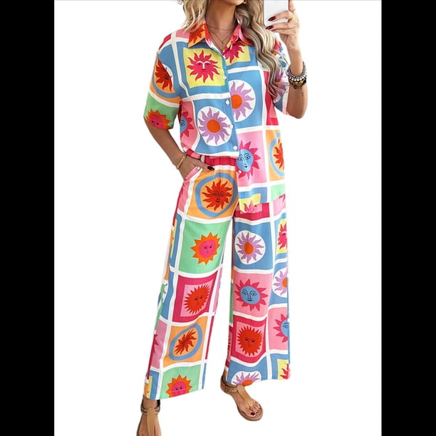Conjunto de 2 Piezas de Chándal de Verano para Playa con Camisa de Corta y Botones para Mujer, Top Estampado, Pantalones Cortos de Descanso Flor A Cuadros XL