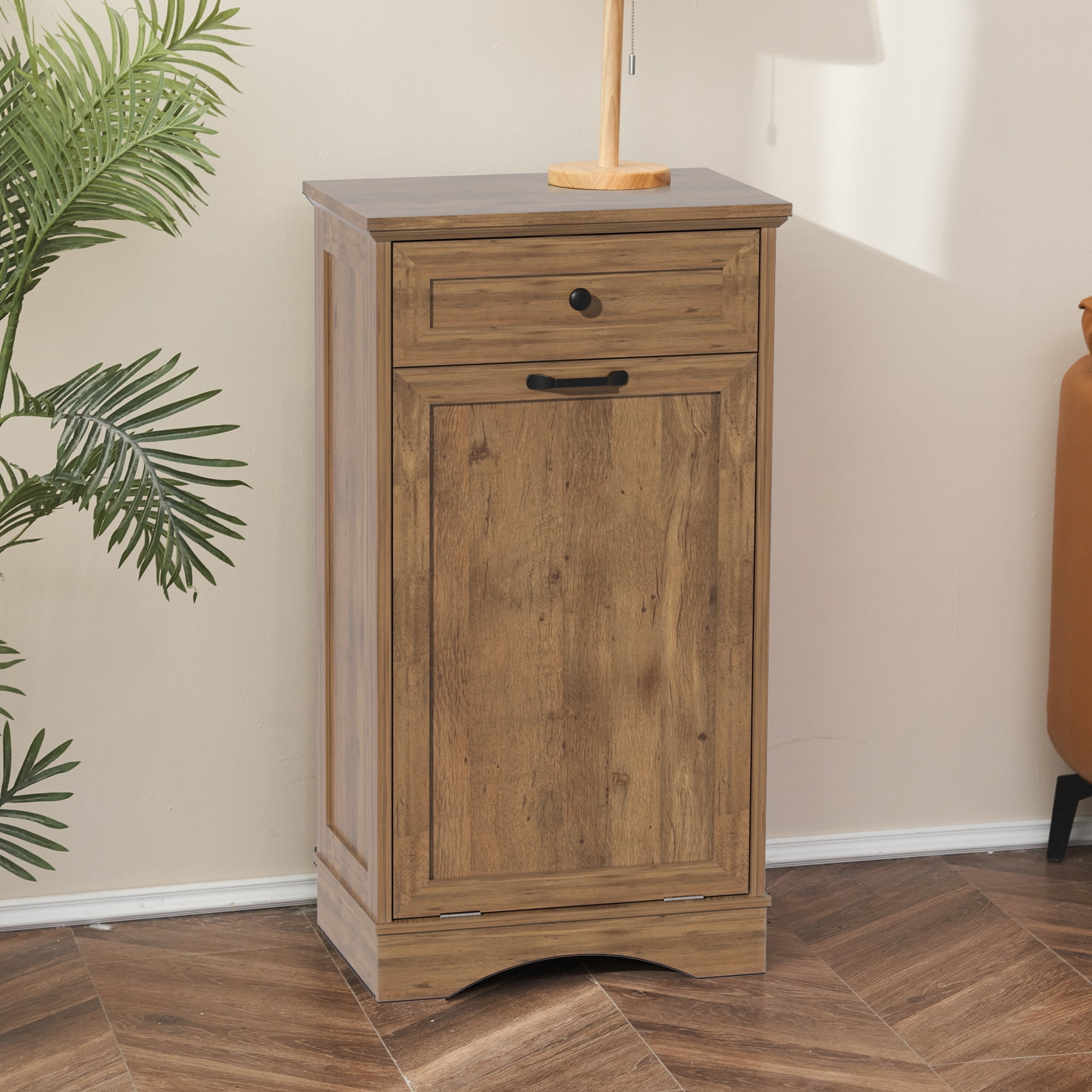 AHB 13 Gallon Tilt Out Kitchen Trash Cabinet with Drawer, Single Trash Can Storage Organizer, 20.9"L x 13.55"W x 38.5"H , Dark Wood