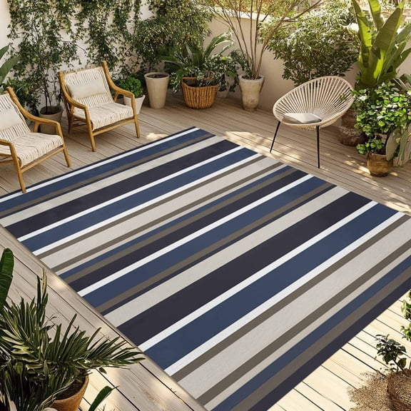 Colored Stripes Outdoor Rug for Patio/Deck/Porch, Non-Slip Large Area Rug 5 x 7 Ft, Blue Black White Brown Abstract Lines Indoor Outdoor Rugs Washable Area Rugs, Reversible Camping Rug Carpet Runner