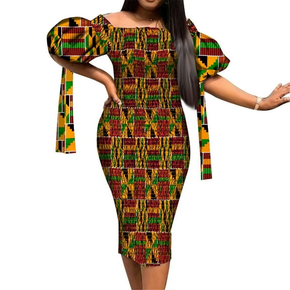 BintaRealWax African Dress for Women Off Shoulder Smocked Kente Print Long dress