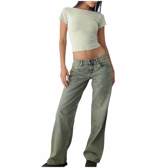 VKOYWKM Womens Wide Leg Jeans with Pockets Button Zipper Mid Waisted Denim Pants Trendy Y2K Boyfriend Distressed Jeans Vintage Washed Jeans