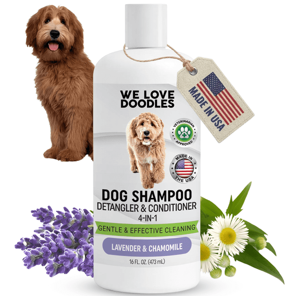We Love Doodles Organic Professional 4-in-1 Dog Shampoo, Conditioner, Detangler, & Moisturizer, Lavender, 16 fl-oz