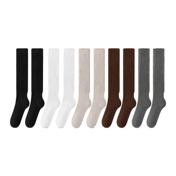 10 Pairs Women's Terry Lined Knee High Slouch Socks, Thick Thermal Polyester Calf Length Warm Socks, Fleece Lined Long Sleep Socks for Fall Winter Daily Indoor Wear
