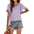 thumbnail image 1 of Guardurnaity Camiseta de mujer con volantes de Color sólido cuello lindo pulóver blusa trabajo nocturno viaje básico verano moda Top ropa Prendas para la parte del cuerpo Púrpura S Guardurnaity AP011064-11, 1 of 6