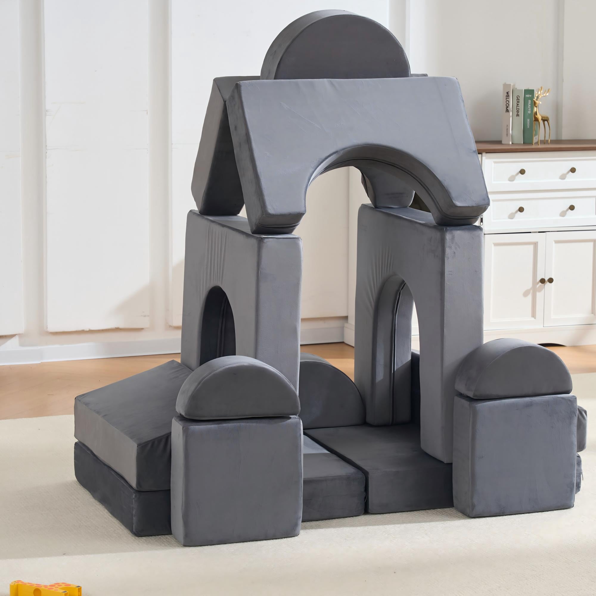 Modular Kids Play Couch 14-Piece Set, Soft Foam Building Block Sofa for Toddlers, Convertible Floor Cushion Activity Playset for Playroom and Nursery, Gray