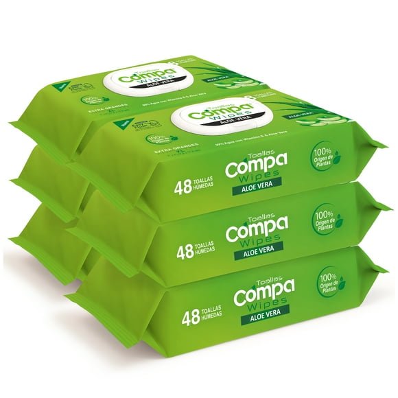 Compa Wipes Toallas Húmedas Desechables, 6 Paquetes (288 Toallitas), (El Nuevo Papel Higiénico Húmedo), Apto para Desechar en el Inodoro, Hipoalergénicas, Fragancia a Aloe Vera