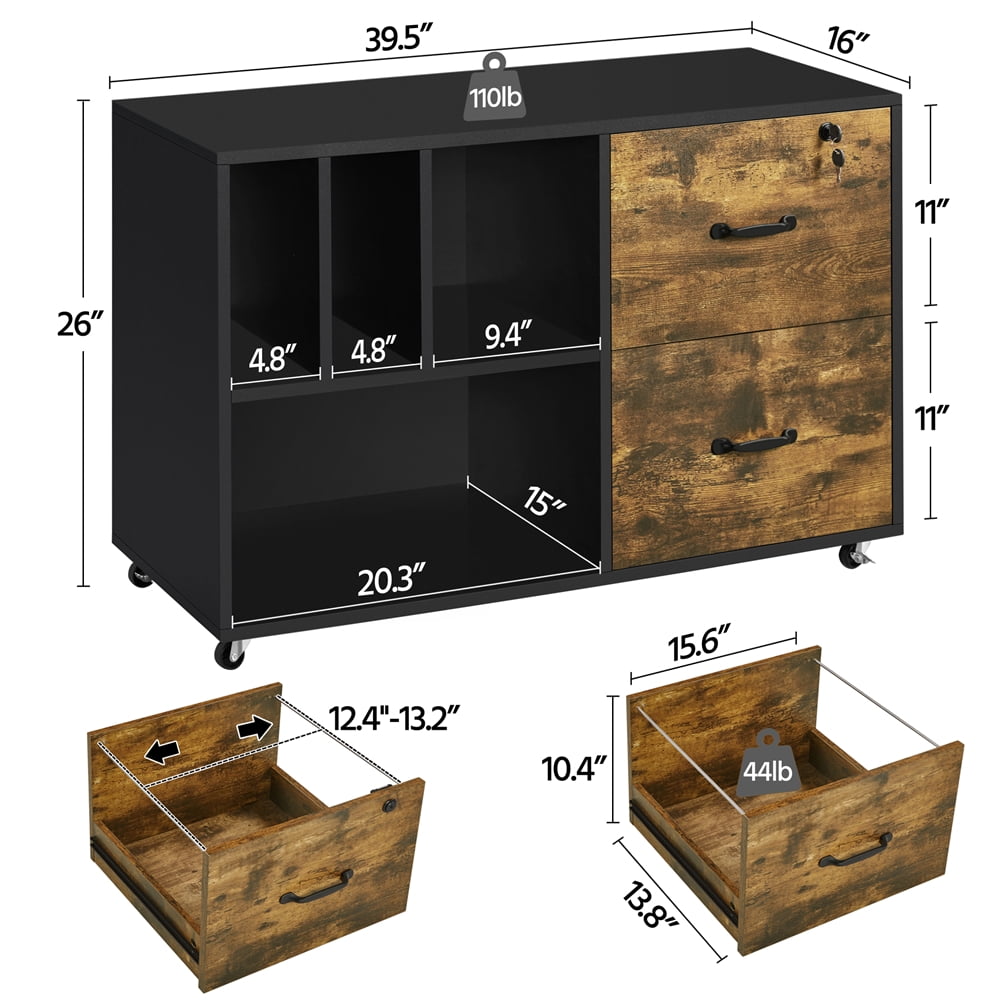 Alden Design Designs Rolling File Cabinet with 2 Drawers and Open Shelving, Rustic Brown