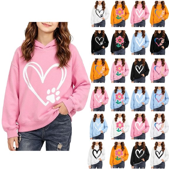 Cute Graphic Sweatshirt for Girls Hooded Long Sleeve Casual Pullover Tops Fall Fashion Lightweight Loose Hoodie (1-2Years, Pink|Heart-B)