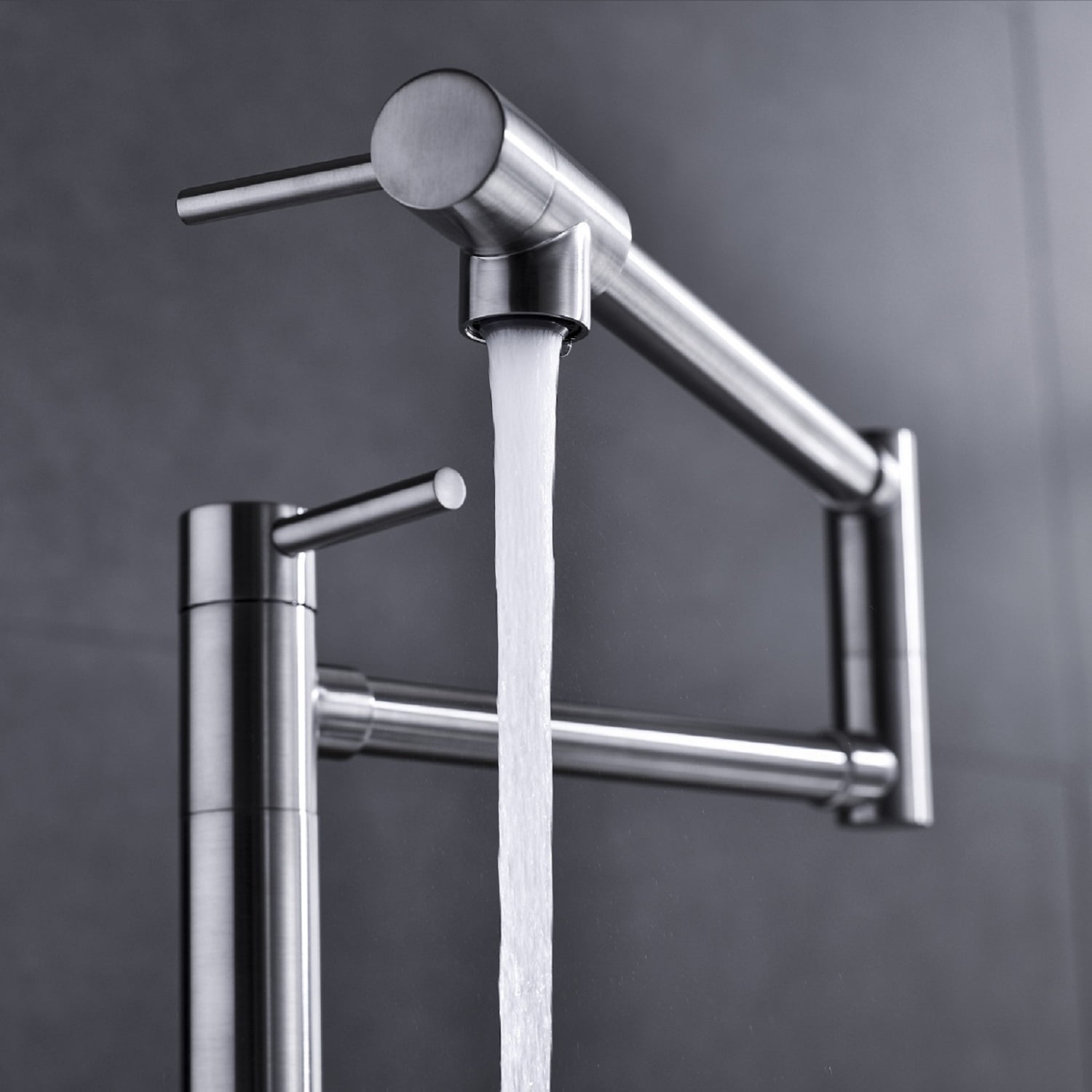 2-Handle Dual Joint Pot Filler Faucet – Brushed Nickel Brass with Extension Shank 20” Reach 4GPM, Foldable Deck Mount Kitchen Faucet