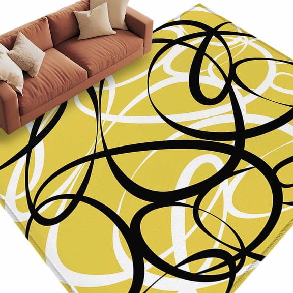 8x10 Area Rugs for Living Room, Yellow Geometric Non Slip Area Rugs for Kitchen Bedroom Entryway, Farmhouse Abstract Black White Striped Washable Carpet Runner Rug Floor Mats for Bedroom Home Decor