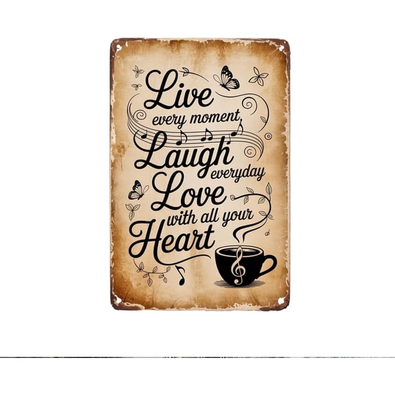 Live Laugh Love Coffee Cup Vintage Music Note Metal Sign Print Aesthetic Room Decoration for Home Bedroom Kitchen Bar Dorm Bathroom Wall Decor 8 X 12