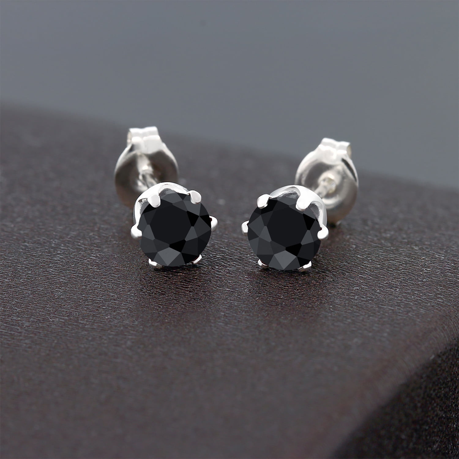 Gem Stone King 1.38 Ct Round 5mm Black Sapphire Brass Silver Plated Brass Stud Earrings for Women Men