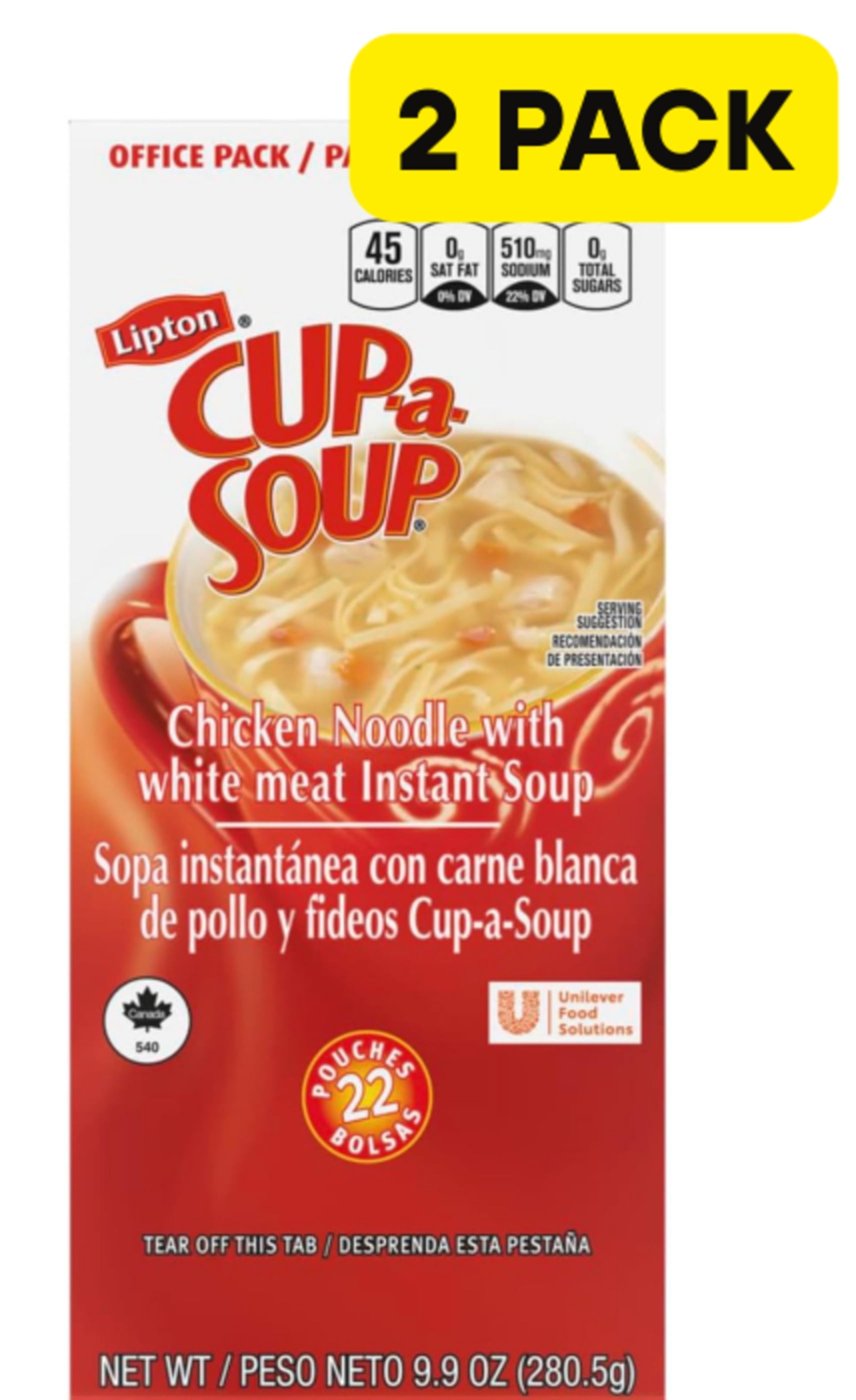 Lipton Cup-A-Soup Chicken Noodle with White Meat, 22 Pouches (Pack of 2), 9.9 oz Each