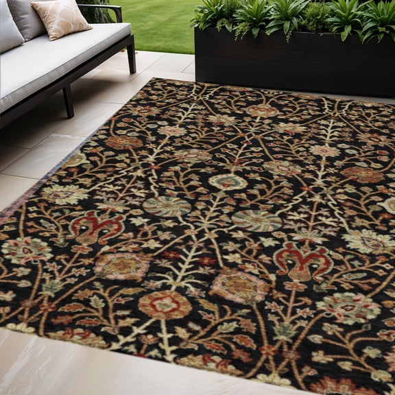 HomeRoots 603406 10 x 14 ft. Black, Brown & Red Floral Washable Indoor & Outdoor Rectangle Area Rug