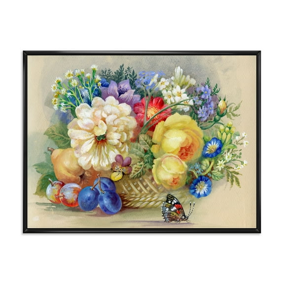 Designart 'Vintage Still Life Of White and Yellow Flowers' Traditional Framed Canvas Wall Art Print