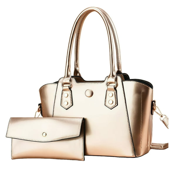 Women's Handbags Set: Large Capacity Gold PU Leather Shoulder Tote & Crossbody Shiny Satchel for Work, Date, Shopping, Fashion Ladies