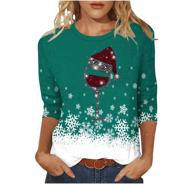 Camisetas de Navidad para Mujeres, 3/4 Manga Cuello Redondo Blusa con Estampado de Vacaciones, Top de Moda Casual