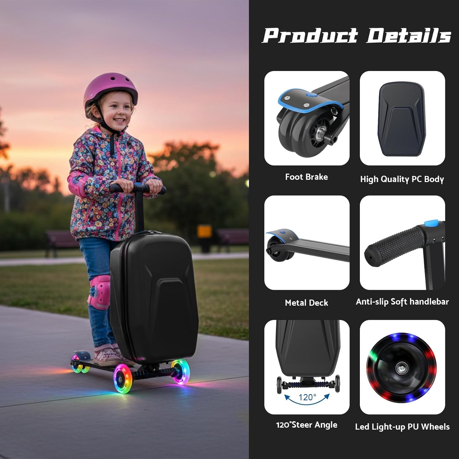 20" Hardshell Scooter Suitcase for Kid & Adult Foldable 2 in 1 Ride on Carry on Travel Trolley Scooter Luggage With Wheels Black