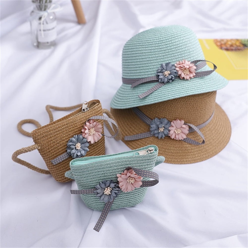 Toddler / Kid Lace-up Bow Straw Bucket Hat and Straw Bag Set for Girls
