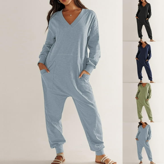 AGWOLF Jumpsuits for Women Baggy Long Sleeve One Piece Loungewear with Pockets Loose Fit V Neck Rompers Comfy Pajamas Sleepwear Homewear