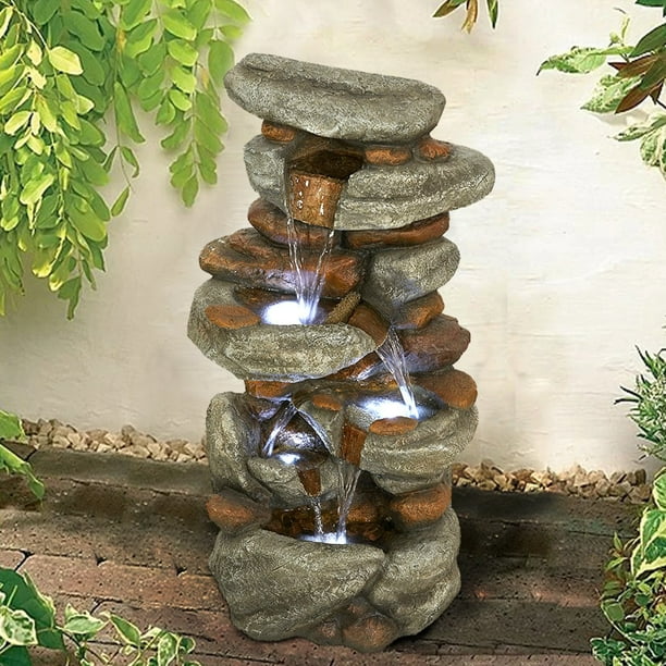 Watnature 4 Tier Rock Water Fountain With Led Lights Outdoor Fountains Cascading Floor Feature Art Decor For Garden Pation Deck Porch Com - Outdoor Water Wall Fountains