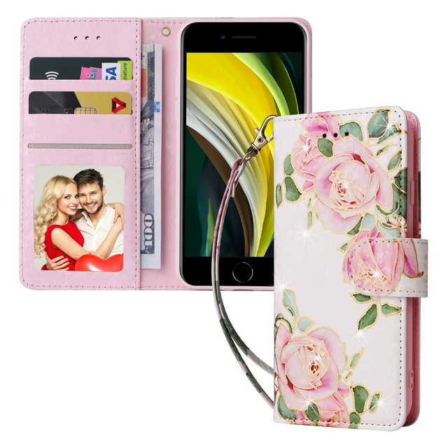 Compatible avec iPhone 8/7 Étui Rétro Fleur Dorée Portefeuille en Cuir PU Blocage RFID