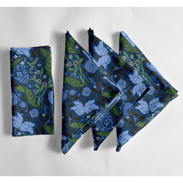 Vargottam Blue LeavesDesign Cotton Muslin Napkins - Set of 12, 20-Inch, Luxurious Soft Cloth Napkins for Dining & Events, Absorbent, Washable & Tableware