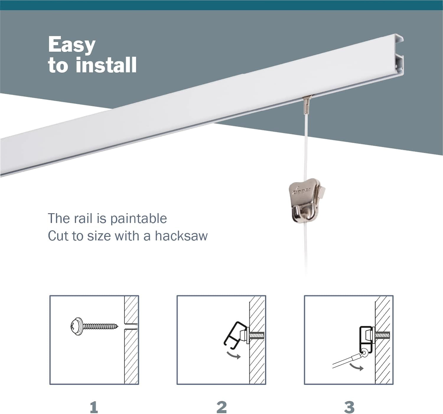 STAS Cliprail Pro Picture Hanging System Set - Covers 19.69 ft of Wall Space - Heavy Duty Picture Rail & Art Hanging Gallery Kit Without Nails - Home or Museum Matte Silver Rails, 8 Hooks & Cords