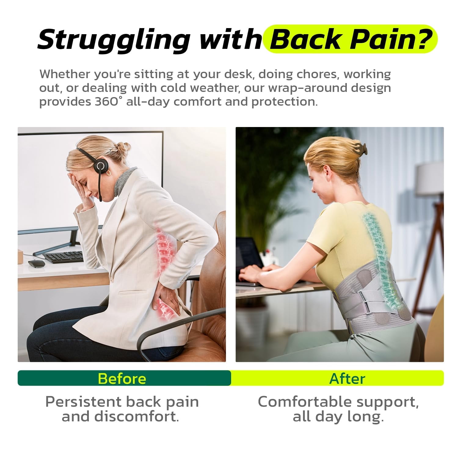 aoFIT Back Brace for Men Lower Back Pain Women Relief with 360-Degree Biochemical Hug Support Soft Breathable Fabric
