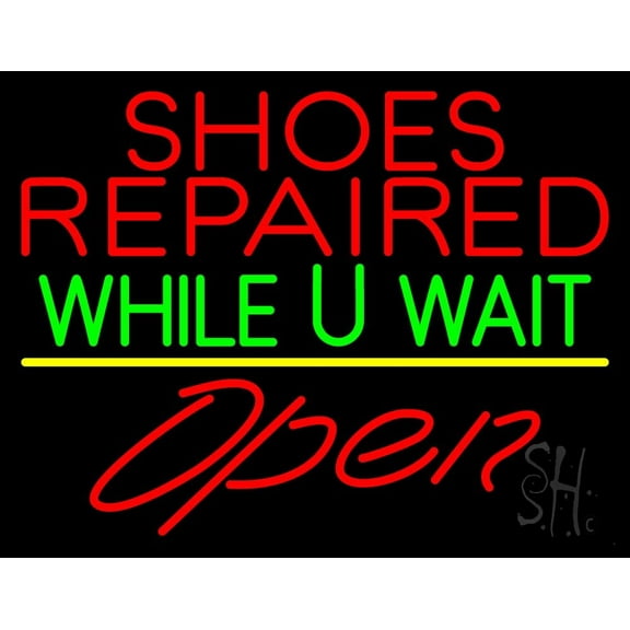 Shoes Repaired While You Wait Open LED Neon Sign 24 x 31 - inches, Black Square Cut Acrylic Backing, with Dimmer - Bright and Premium built indoor LED Neon Sign for store interior Décor, Storefront.