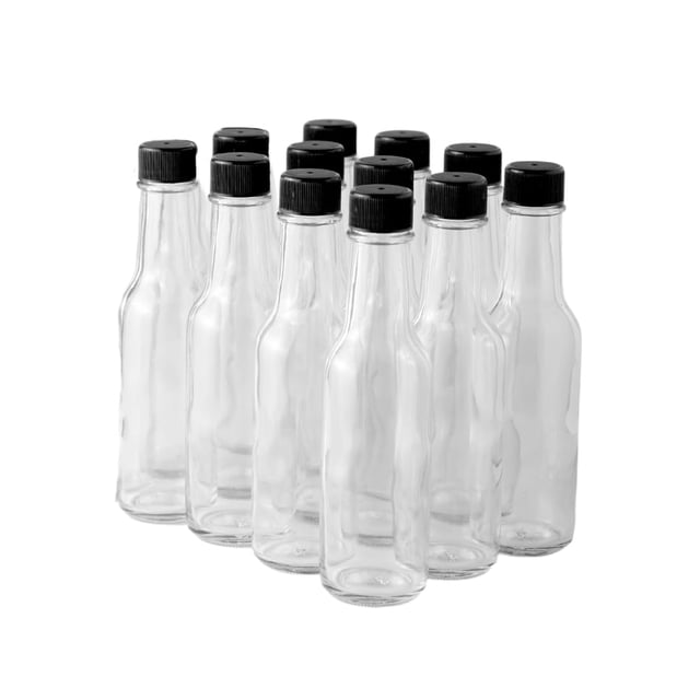 FastRack - Botellas de salsa picante Woozy de 5 onzas, paquete de 12 con tapas de plástico negro, botellas pequeñas vacías, botellas de vidrio transparente con tapa a