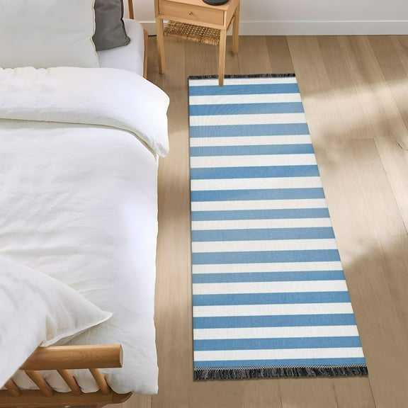 Blue-white Narrow Stripes Bedside Runner Rug 2'x 6' Non Slip Carpet Floor Mat Area Rug