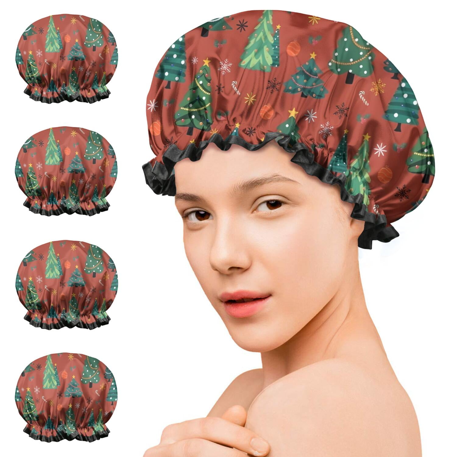 Shower Caps,Red Christmas Tree and Ornament Pattern Waterproof Shower Cap for Women 4 Pieces,Double Reusable Hair Cover for Shower PEVA Elastic Stretch Hem