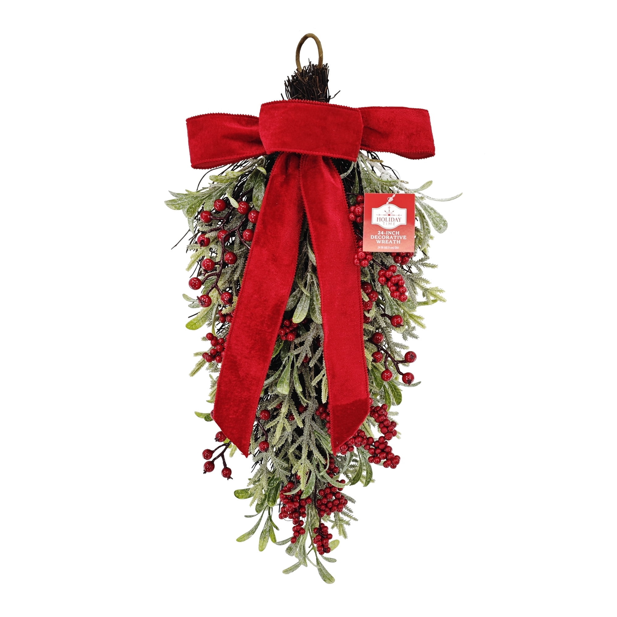 Frosted Greenery and Berry Artificial Christmas Swag with Velvet Bow, Green and Red, 24", by Holiday Time