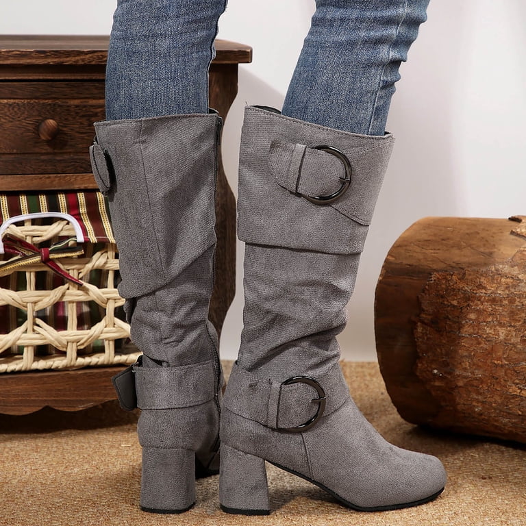 Knee High Boots for Women Fashion Slouchy Buckle Pointed Toe Heels