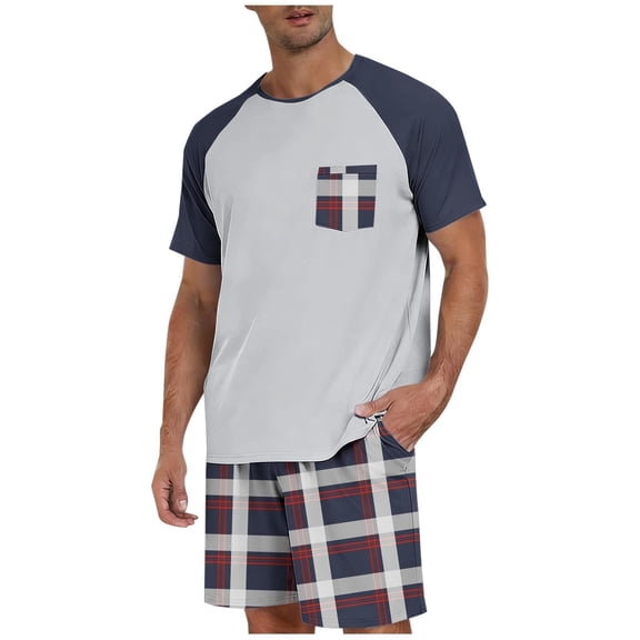 TKKCS Mens Plaid Pajama Sets- Short Sleeve and Shorts Crew Neck Lightweight Sleepwear Lounge Sets With Pockets Blue Size L