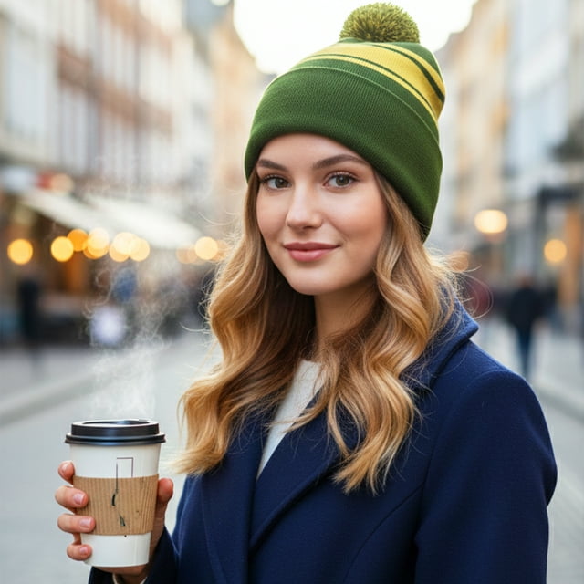 TOPTIE Bonnet à Rayures avec Pompon Unisexe Hiver & Chapeau de Sport-Vert