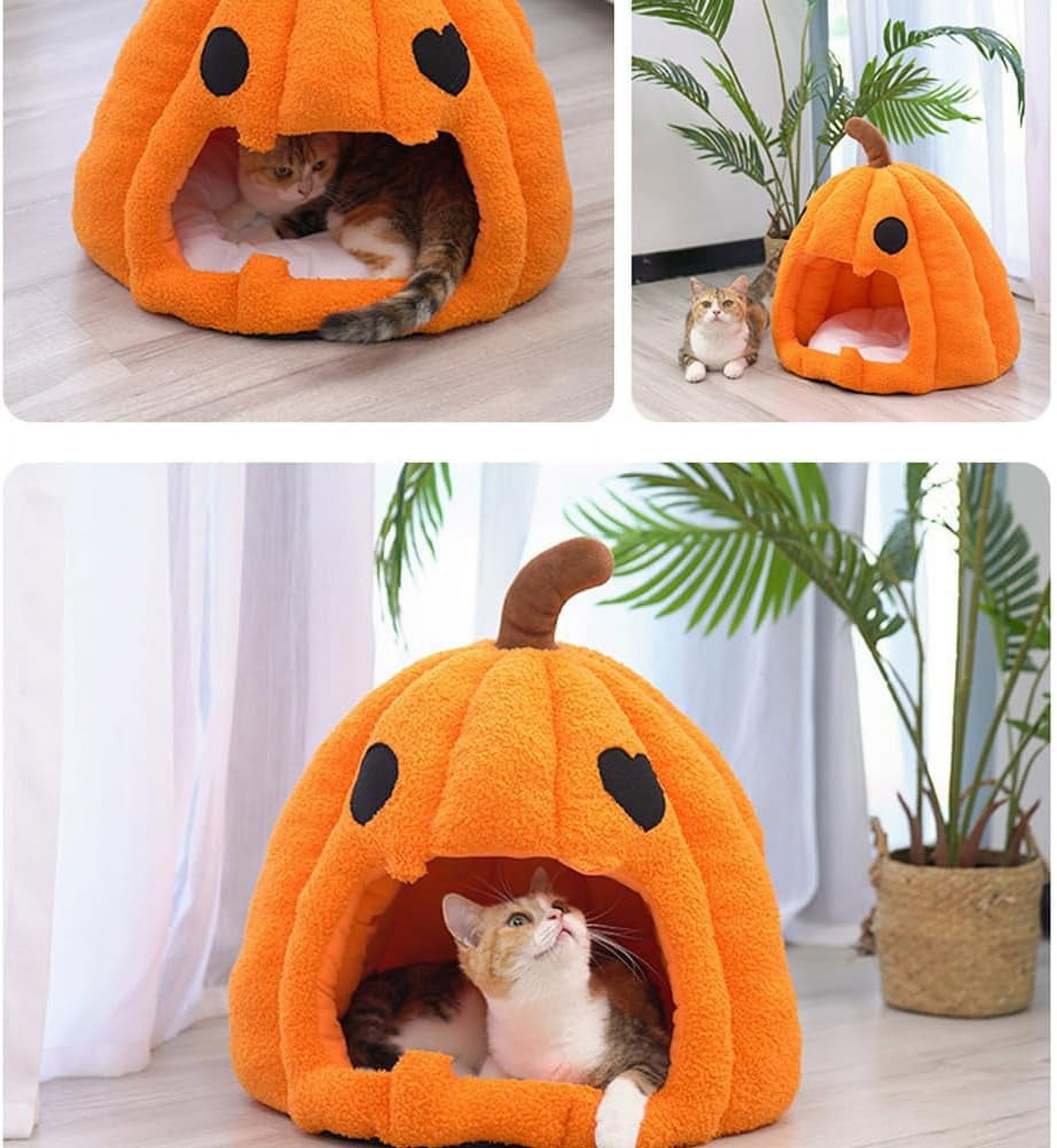Cute Pumpkin Cat Bed for Indoor Cats Cat House Tent with Removable Washable Cushioned Pillow (20 Inch)