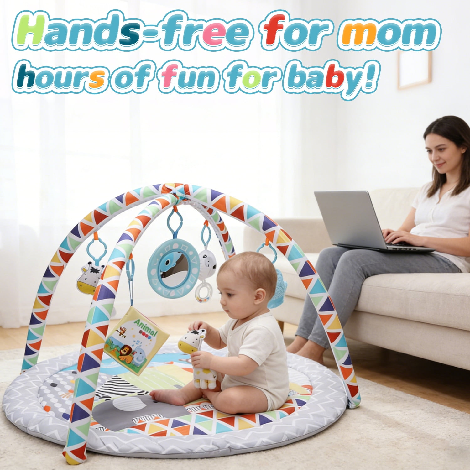 JoyStone Baby Gym Play Mat Activity Mat with 5 Detachable Toys, Round Tummy Time Play Mat for Newborns & Infants 0–12 Months