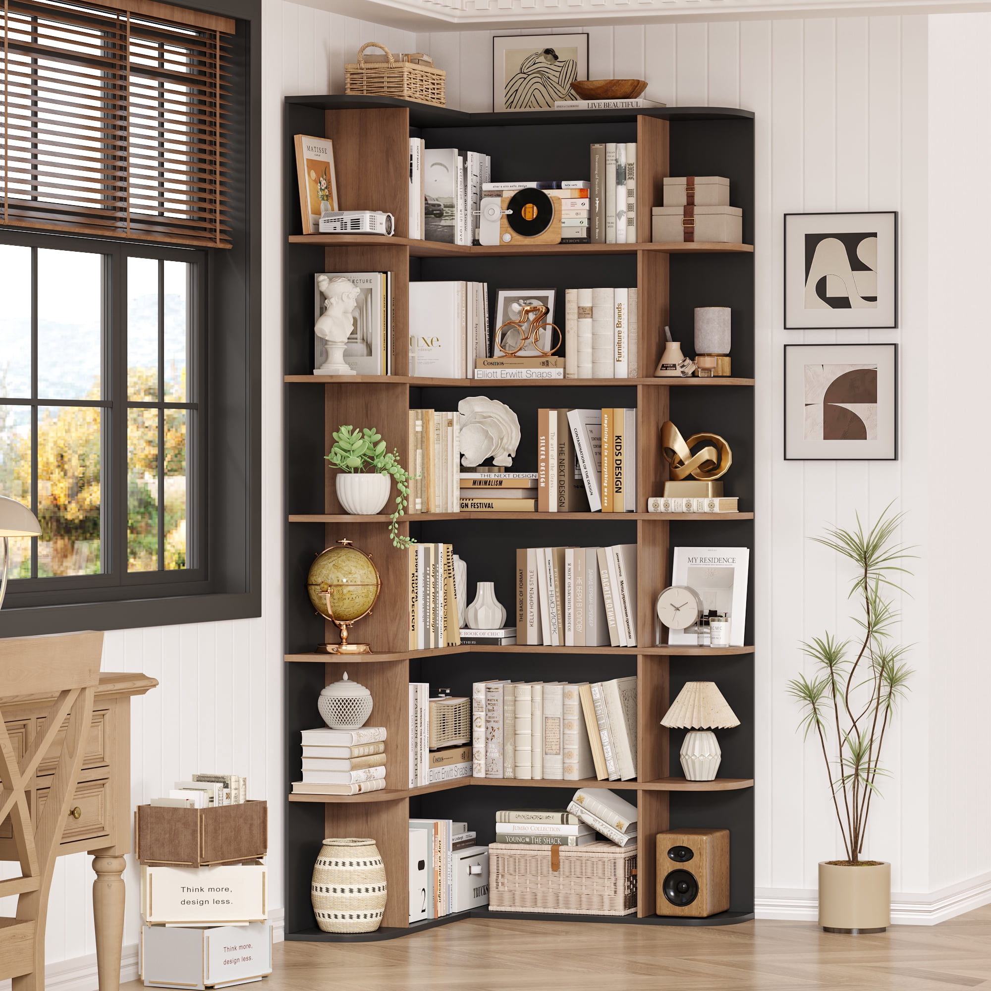 Homfa 73.9” Tall Corner Bookcase, 6 Tier L-Shaped Large Display Bookshelf with Curved Edges for Living Room Home Office Study, Black & Oak