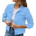 thumbnail image 2 of Women'S 3/4 Slim Sleeve Denim Jacket Lapel Basic Button Down Trucker Colored Cropped Jeans Jacket Washed Coat Light Blue L, 2 of 5