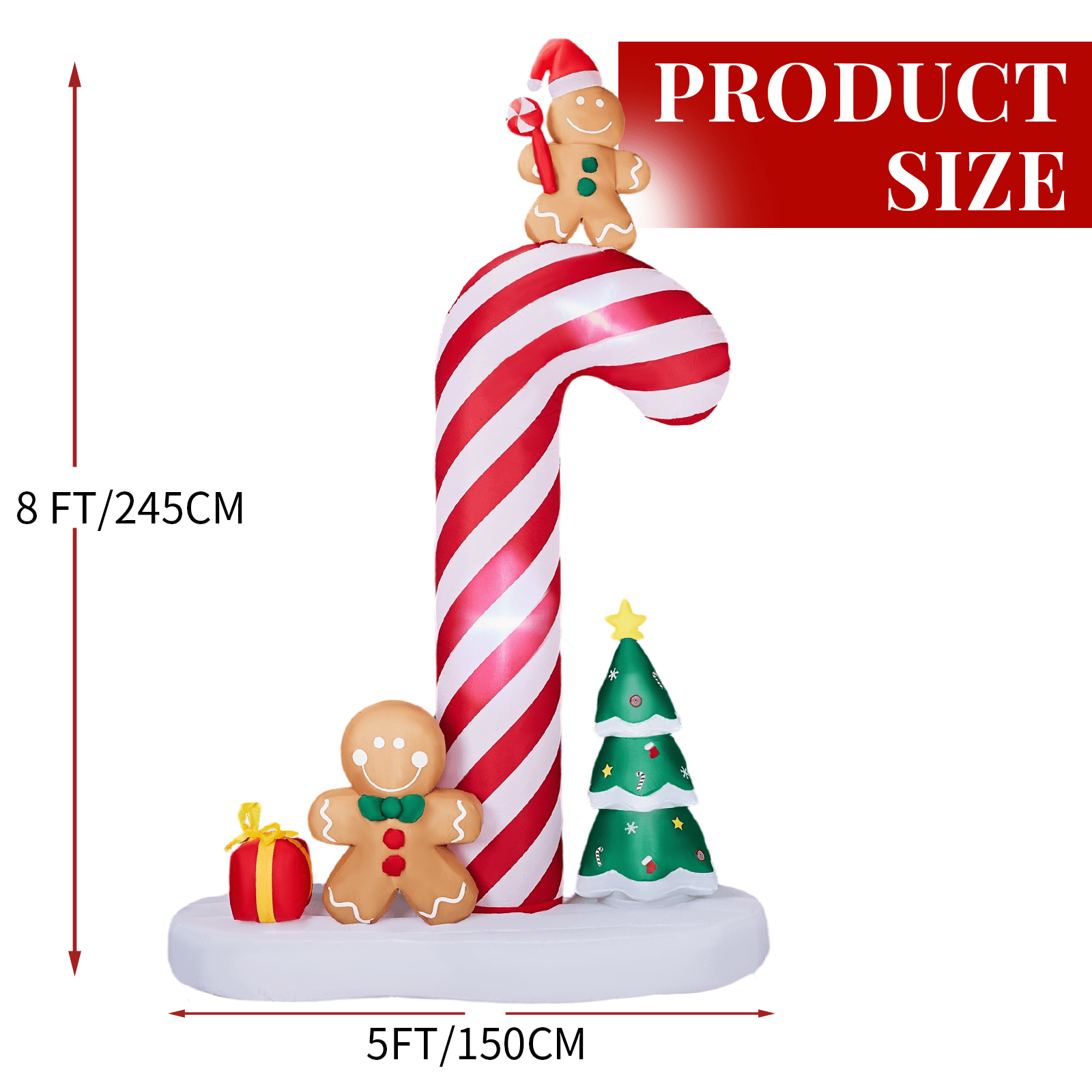 Astoutdoor Lighted Christmas Inflatable Decoration, Giant Candy Cane with Gingerbread Men, 59.1 x 29.5 x 96.5 in, Built-in LED Lights, Yard Decor
