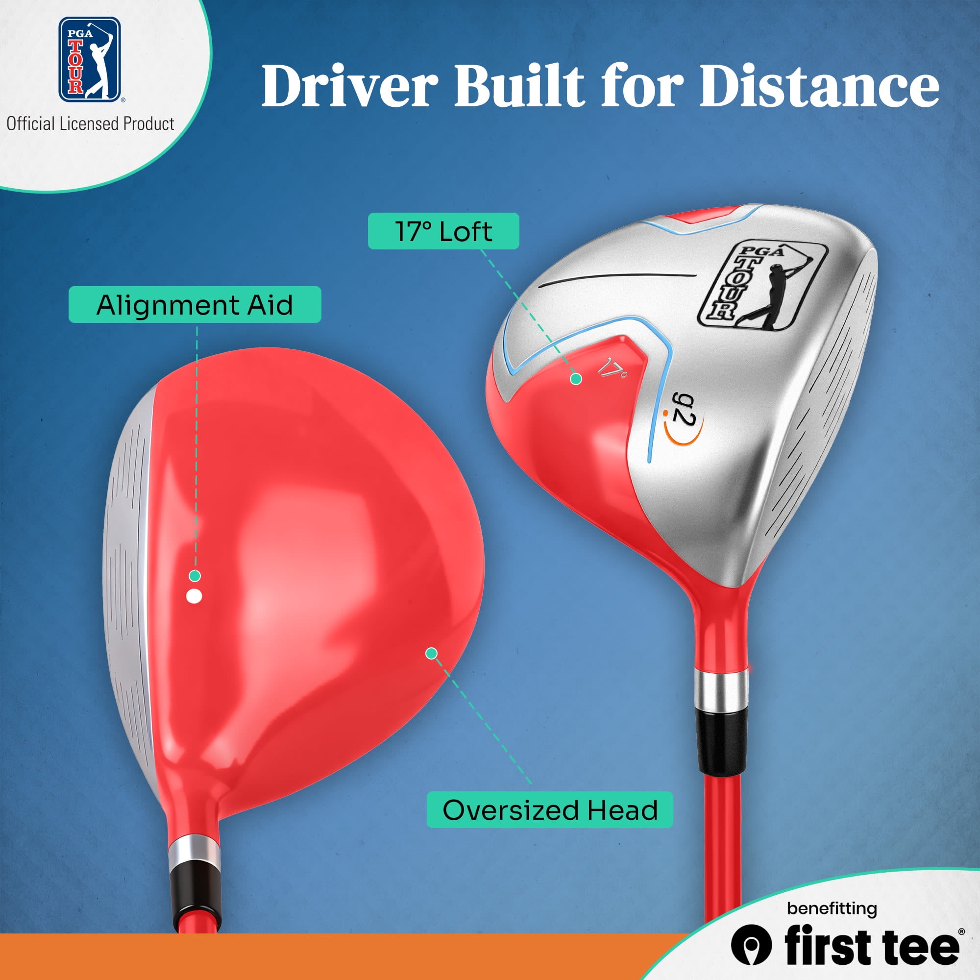 PGA TOUR x First Tee Junior Golf Club Set with Stand Bag, 7-Piece, Right-Handed, Kids Heights 4'8" to 5'3", Red