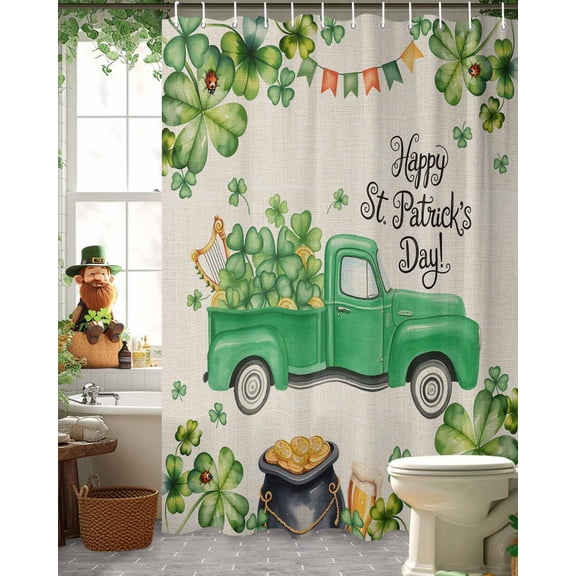 St. Patrick's Day Shower Curtain, 72" x 72", Watercolor Harp Lucky Shamrocks Green Truck Linen Texture Waterproof Bathroom Curtain Washable Shower Curtain Set with 12 Hooks