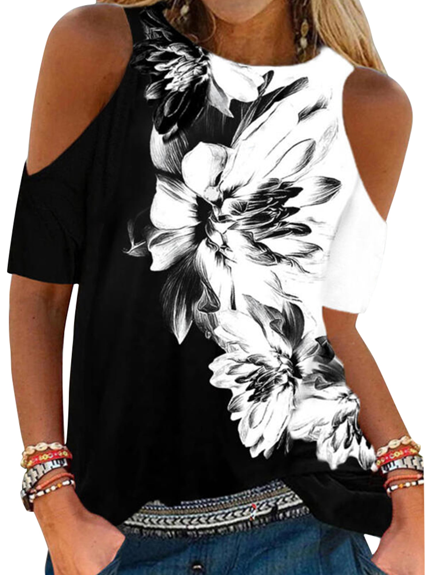 Women Blouse Tops Summer Floral Printed Blouse Cold Off Shoulder T-Shirt Tops