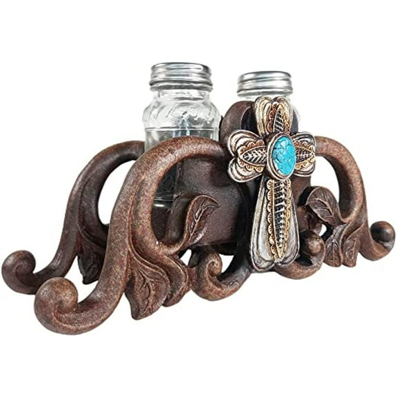 Urbalabs Western Cowboy Teal Cross, Horse Saddle, Belt Buckle Cowgirl Salt and Pepper Shaker Caddy Farmhouse Dinner Table Kitchen Ranch Decorations Rustic Cowboy Decor Hand Painted (Gold Silver Cross)