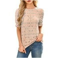 thumbnail image 4 of Hrsba Blouses for Women Dressy Casual,Ladies Solid Color Hollow Out Lace Puff Short Sleeve Crewneck Tops, 4 of 5